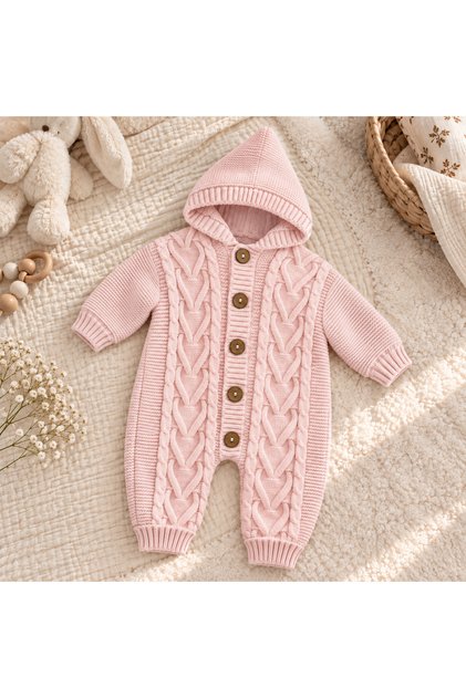 Baby Hooded Knitted Patterned Knitwear Jumpsuit with Wooden Buttons