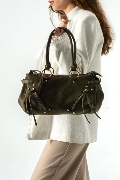 Lari̇d Model Women's Suede Khaki Green Hand and Shoulder Bag