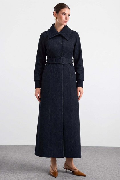 Soft Touch Overcoat with Knitwear Detail on the Collar and Sleeves Navy Blue 6914