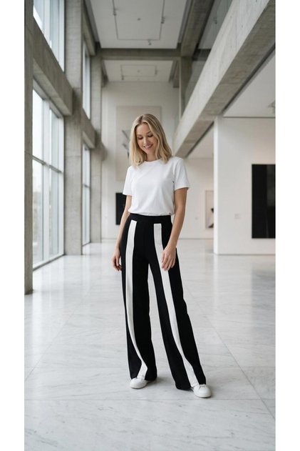 Women's Modal Fabric Black and White Striped Wide-Leg Pants Look Like Sweatpants
