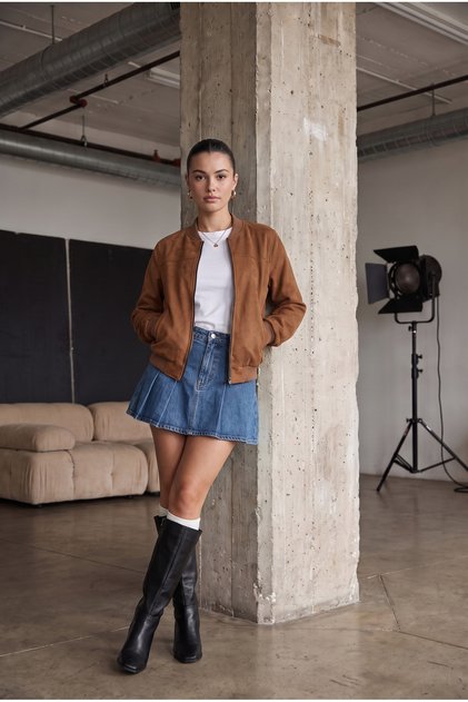 Relax Fit Zippered Suede Jacket