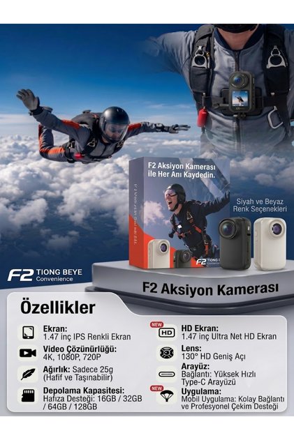 F2 Aksiyon Kamerası 4K Ultra HD 1.47" IPS Ekran Motosiklet ve Bisiklet Kamerası - 25g Ultra Hafif, Geniş Açı