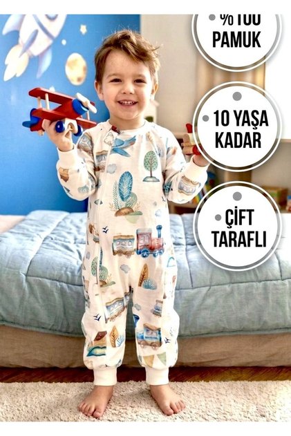 Elyafsız Organik Kışlık Uzun Kol Çift Kat %100 Pamuk Pazen Tren Ve Uçak Cocuk Bebek Uyku Tulumu