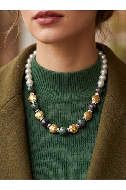Anyolit Natural Stone Pearl Necklace