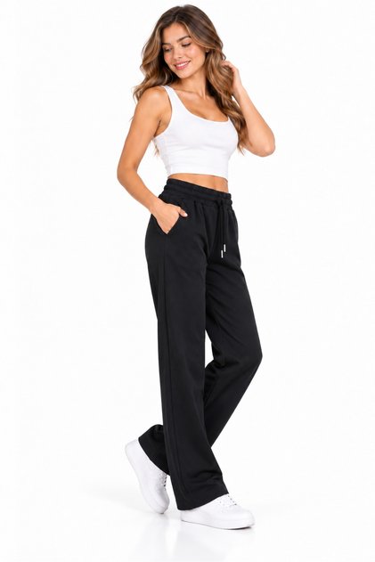 Women's Waterproof Plush Inside High Waist Elastic Waist Double Pocket Lace-Up Straight Leg Relaxed Fit Soft Textured Trendy Casual Black Trousers