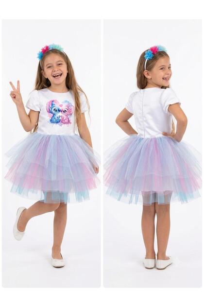 Girl's White Birthday Dress & Party Costume with Stitch Print, Watermelon Sleeves & Crown Gift