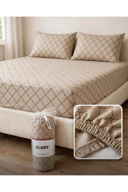 100% Cotton Ranforce Fabric King Size Elastic Bed Sheet Set 180X200 Cm+30 cm Knitted Beige