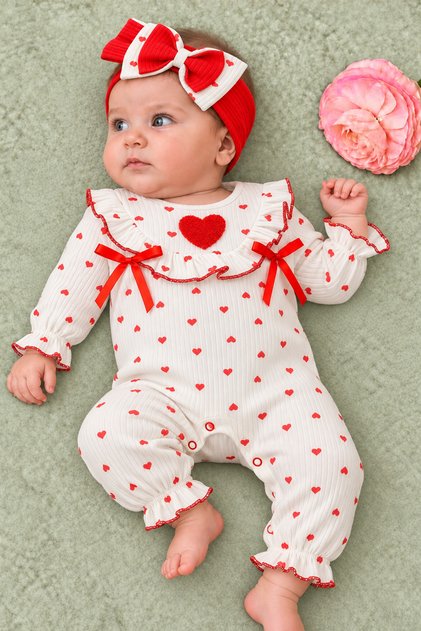 Baby Girl Red Heart Patterned Ruffle Detailed Hairband Jumpsuit Set