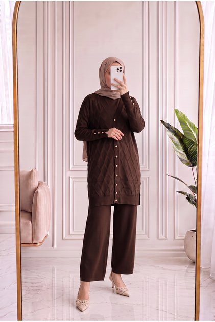 Sabinur Baklava-Muster Mini-Cardigan mit Goldknöpfen-SY3290 Braun