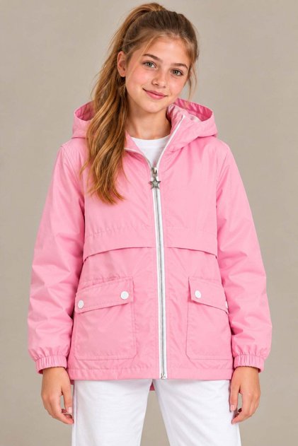 Girl's Hooded Pocketed Lined Seasonal Basic Raincoat