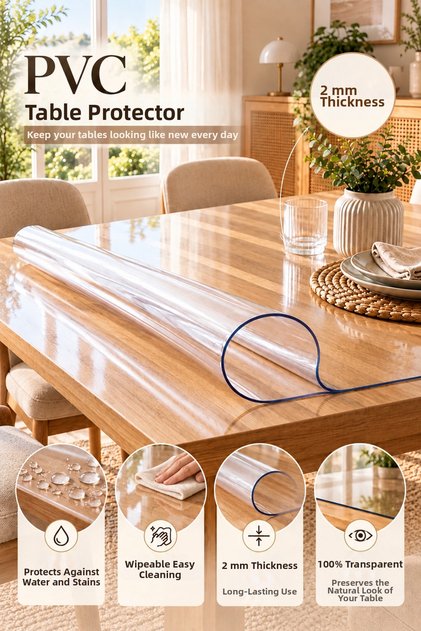 2 mm Thick Transparent Pvc Table Protector – Waterproof, Wipeable, Protective Table Cover Against Stains and Scratches