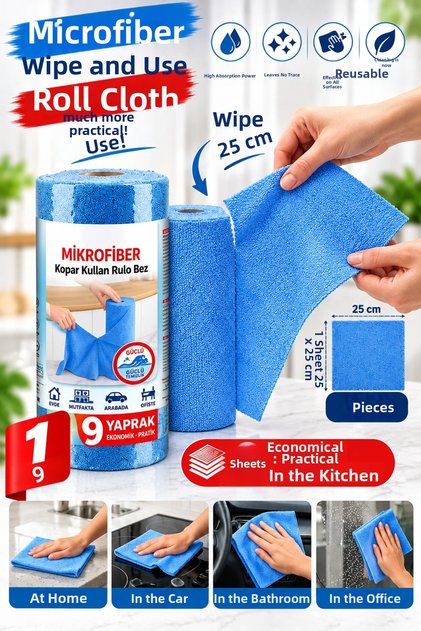 1 Piece of 9 Sheets Microfiber Reusable Cleaning Cloth – 25X25 Cm, Highly Absorbent, Non-Marking, Multi-Purpose Cleaning Cloth