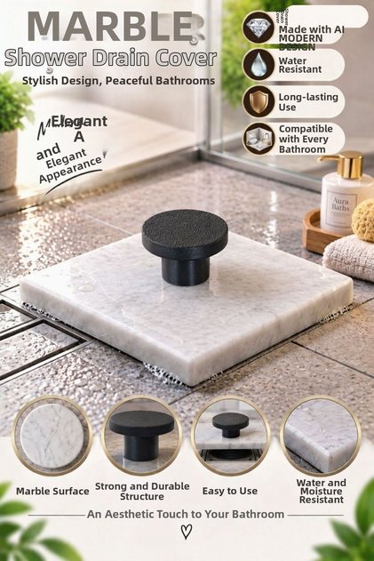 Real Marble Bathroom Drain Cover with Handle and Foot 10X10 cm Anti-Odor and Anti-Pest Strainer Cover