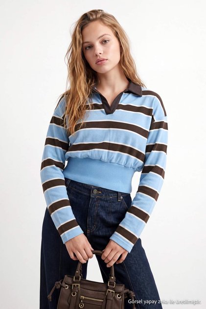 Light Blue Striped Regular Polo Collar Crop Regular Slim Knitted Sweatshirt Twoaw27Sw00052