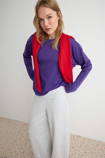 Mor %100 Kalın Pamuklu Basic Bisiklet Yaka Oversize/Geniş Kalıp Örme T-Shirt TWOAW24TS00013