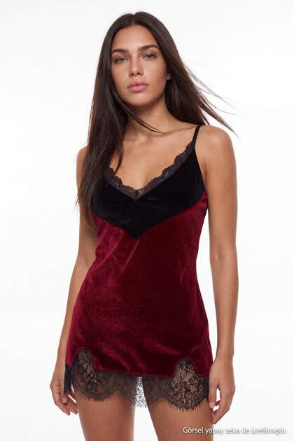 Burgundy Thin Straps Velvet Lace Detailed Babydoll/Fantasy Nightgown Thmaw27Ll00034