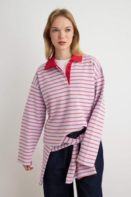 Kırmızı Çizgili More Sustainable Dokuma Yakalı Oversize Örme T-shirt/Sweatshirt TWOAW26TS00004
