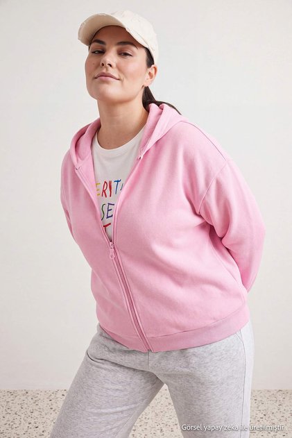 Pembe Kapüşonlu Oversize Crop Boy Büyük Beden Sweatshirt TBBAW26AO00030