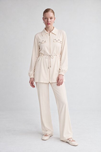 Pocketed Waist Drawstring Double Suit Set Beige