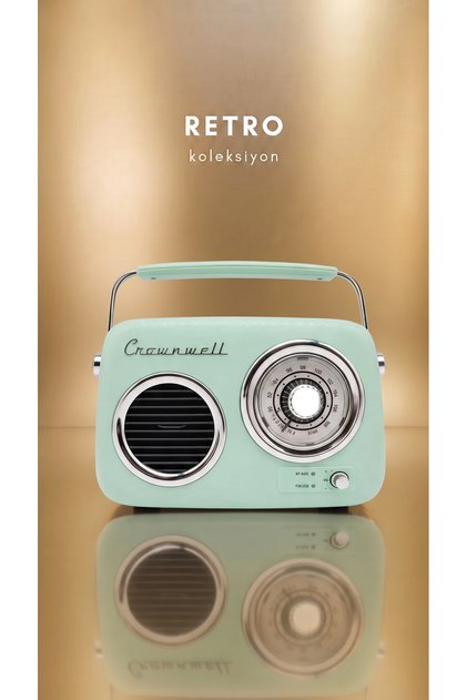 Crownell Turkuaz Retro Bluetooth Radyo – 23x19 cm, FM/AUX/USB Destekli, Şarjlı Taşınabilir Hoparlör