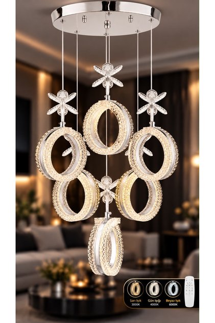 Yonca 6'Li Gümüş 3 Renk Ledli Modern Kumandalı Led Avize