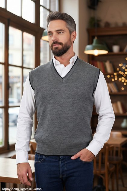 Gray Men's Steel Knit Intersiye Winter Thick Knitwear V-Neck Knitwear Knit Non-Pilling Jumpers
