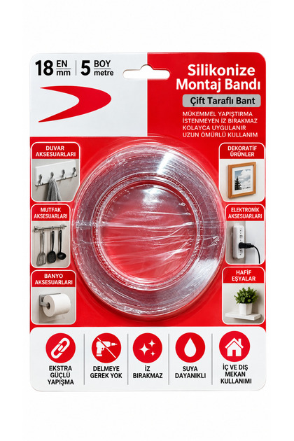 18mm 5 Metre Çift Taraflı Nano Teknolojili Süper Güçlü Bant Extra Güçlü Duvar Çerçeve Taşıyıcı