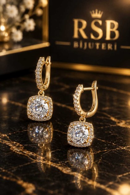 KÜPE LUXE SERİ SALLANTILI TAŞLI ALTIN RENK KAPLAMA + HEDİYE PAKETİ