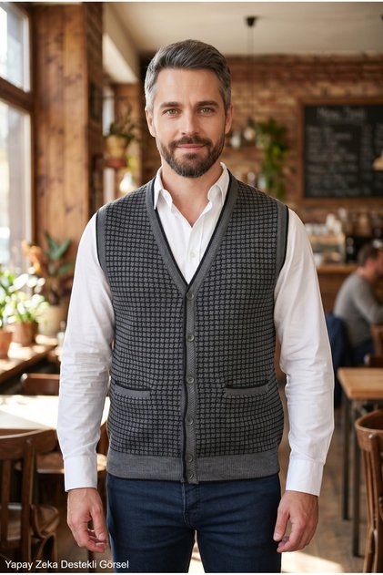 Men's Gray Anti-Pilling Fabric Standard Fit Winter Houndstooth Knit Vest with Pockets