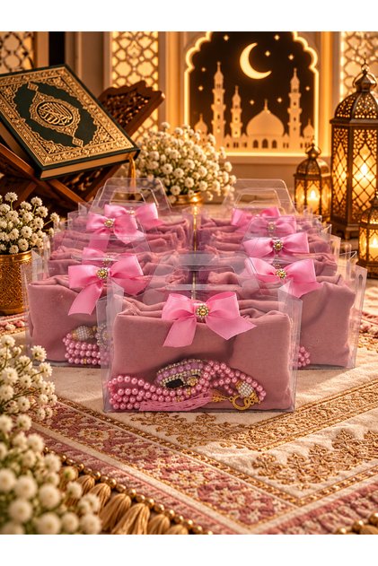 10 bucăți de pungi roz, cutie cu aspect elegant, cu o acoperire decorativă, mărgele de rugăciune din perle și set cadou Zikrmatik cu pietre.
