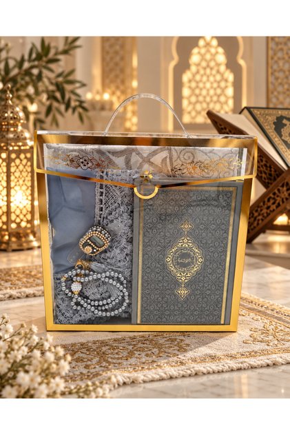 5 Piece Gray 14X20 Quran Gift Boxed Bride and Groom Gift Set (Umrah Hajj Gift)
