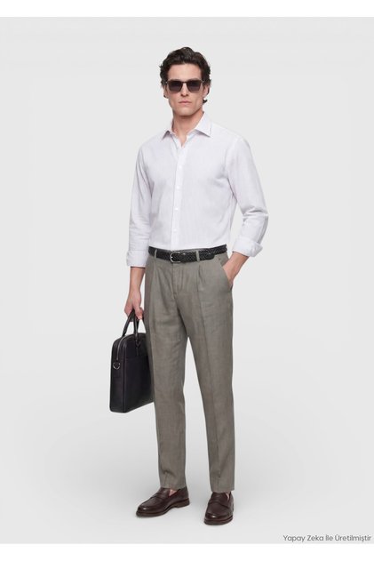 Khaki Plain Woven Jogging Fit Casual 100% Linen Trousers