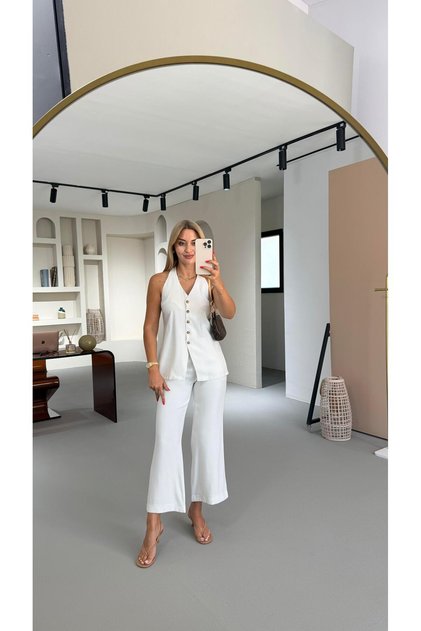 Bone Button Detail White Flare Trousers