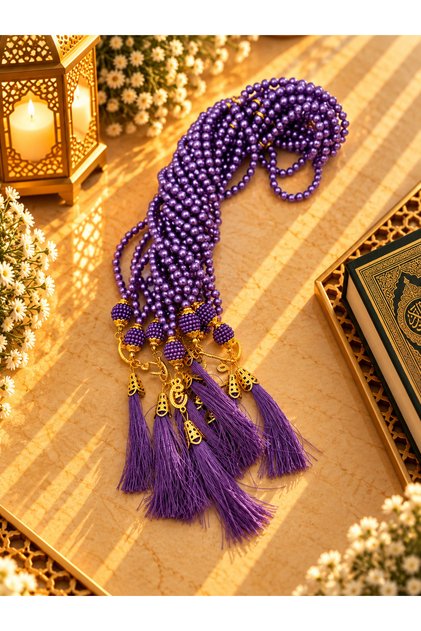 10 Gift-Purple Plastic Pearl Prayer Beads with Vav and Tassel (99 Pieces) (Mevlit-Sünnet-Hac-Umre)