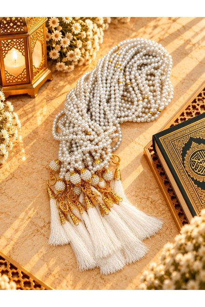 50 Pieces White Gift Plastic Pearl Prayer Beads with Tassels (Mevlit-Circumcision-Hajj-Umrah)
