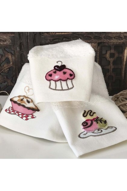 Kaçamak 1 - Embroidered Kitchen Towel 70% Bamboo / 30% Cotton - Cream Set of 3 30X50