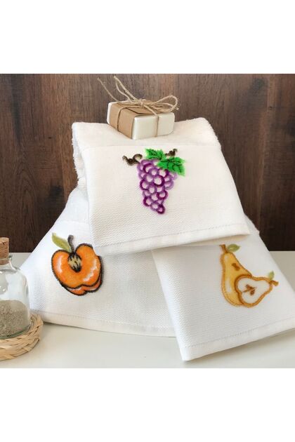 Meyve 2 - Embroidered Kitchen Towel 70% Bamboo / 30% Cotton - Cream Set of 3 30X50