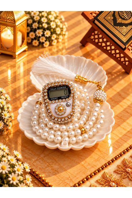 Oyster Boxed Stone White Zikirmatik and Prayer Beads Set Gift Mevlüt Quran Umrah and Hajj Gift