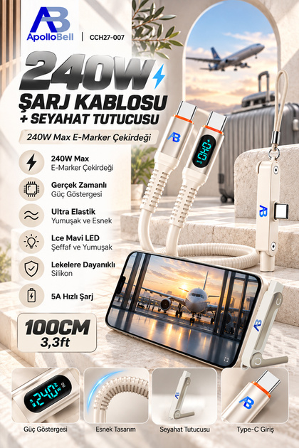 240W Şarj Kablosu + Seyahat Tutucusu, Gerçek Zamanlı Güç Göstergeli Beyaz 100 cm/3.3 ft CCH27-007