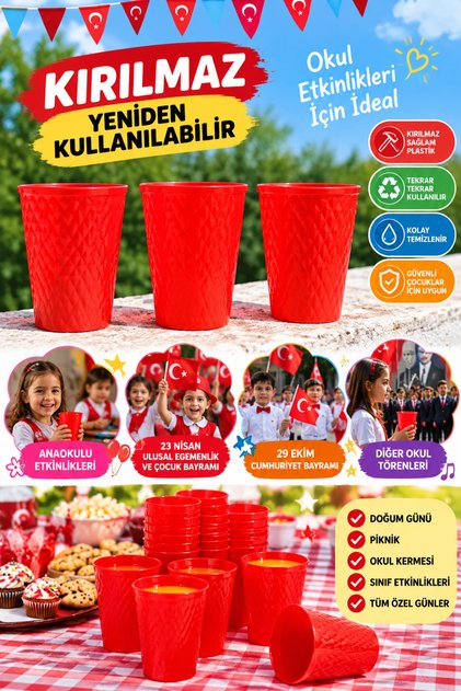 6 Adet, ,Yeniden Kullanılabilir, Kırılmaz, Plastik Su Bardağı Kırmızı 250 ml