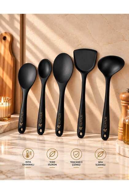 5 Parça Isıya Dayanıklı Yanmaz Yapışmaz Silikon Kepçe Spatula Kaşık Seti (30-28-22-20 Cm