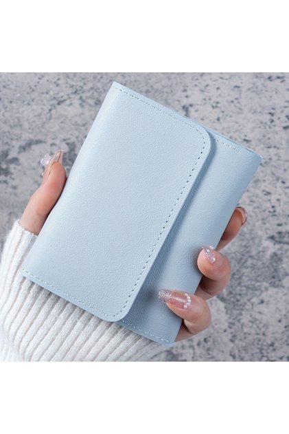 Light Blue Fashion Ultra Thin Triple Fold Women's Short Wallet, Smooth Surface Multi-Card Holder Min