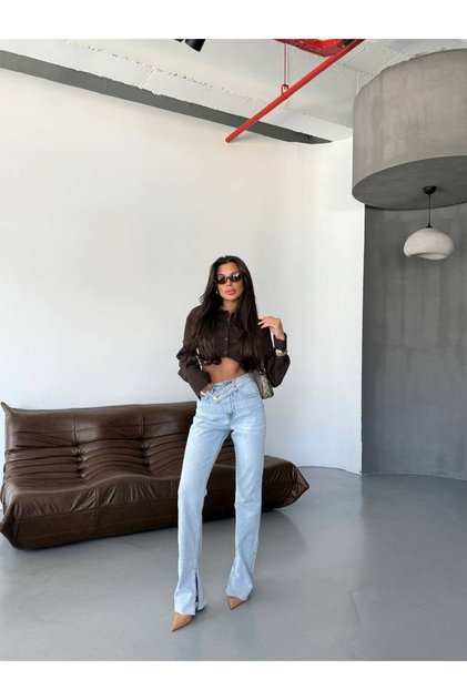 Women's Asymmetrical Cross Waist Detailed Wide Leg Jean Trousers