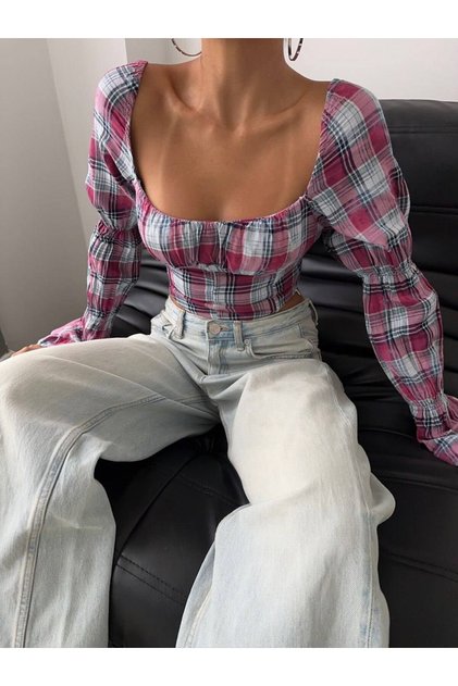 Plaid Patterned Cotton Crop Bustier