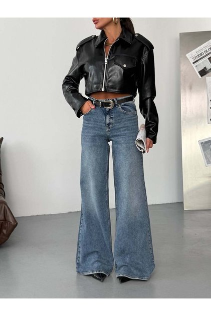 Yüksek Bel Geniş Paça Denim Jean Pantolon