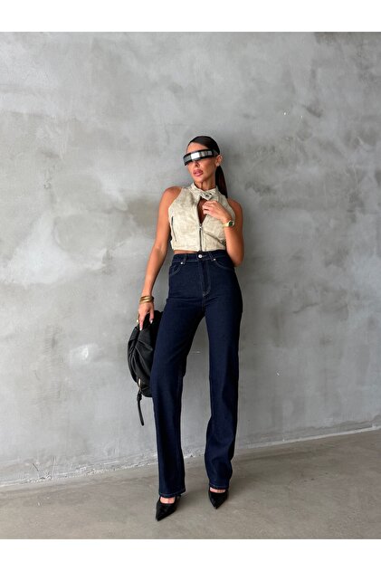 Women's High Waist Relaxed Fit Straight Cut Cotton Jean Trousers