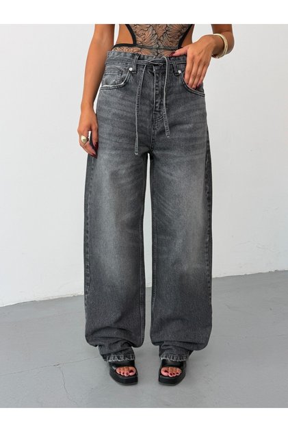 Women's High Waist Lace Detailed Baggy Wide Leg Loose Leg Jean Trousers