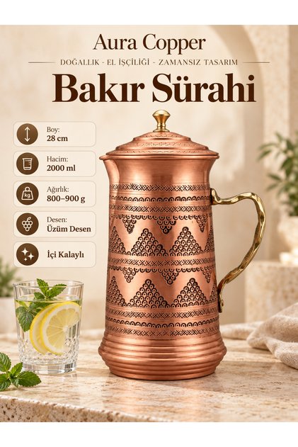 2 Litre Kapaklı İçi Kalaylı El İşlemeli Bakır Sürahi SC-000017 -Üzüm - Bakır