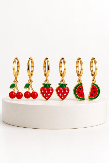 Children's Cherry Strawberry Watermelon Apple Daisy Figured Dangle Hoop Earrings – Colorful Enamel Gold Plated Cute Fruit Earrings