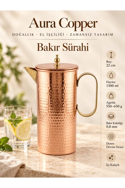 Kapaklı İçi Kalaylı Dövme Bakır Sürahi 0,8 mm 1300 ml